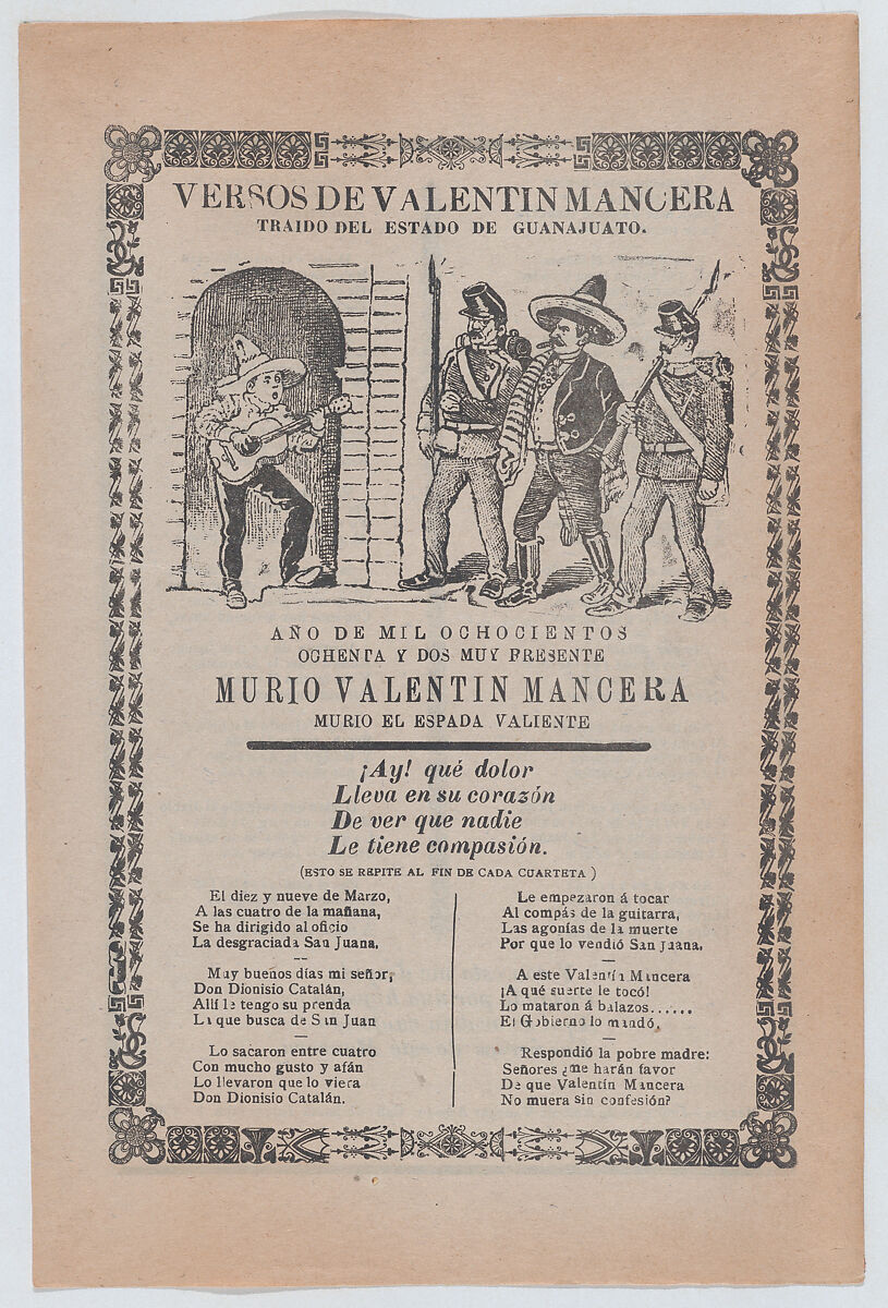 Broadsheet relating to the capture of Valentin Mancera who is shown playing the guitar and being cornered by men in uniforms carrying weapons, José Guadalupe Posada (Mexican, Aguascalientes 1852–1913 Mexico City), Zincograph and letterpress on tan paper 