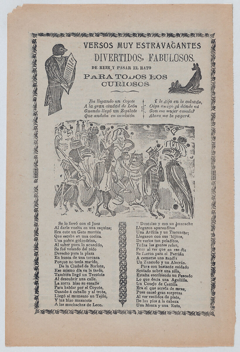 Broadsheet with comic verses, a group of animals wearing human clothes and playing music, José Guadalupe Posada (Mexican, Aguascalientes 1852–1913 Mexico City), Zincograph and letterpress on tan paper 