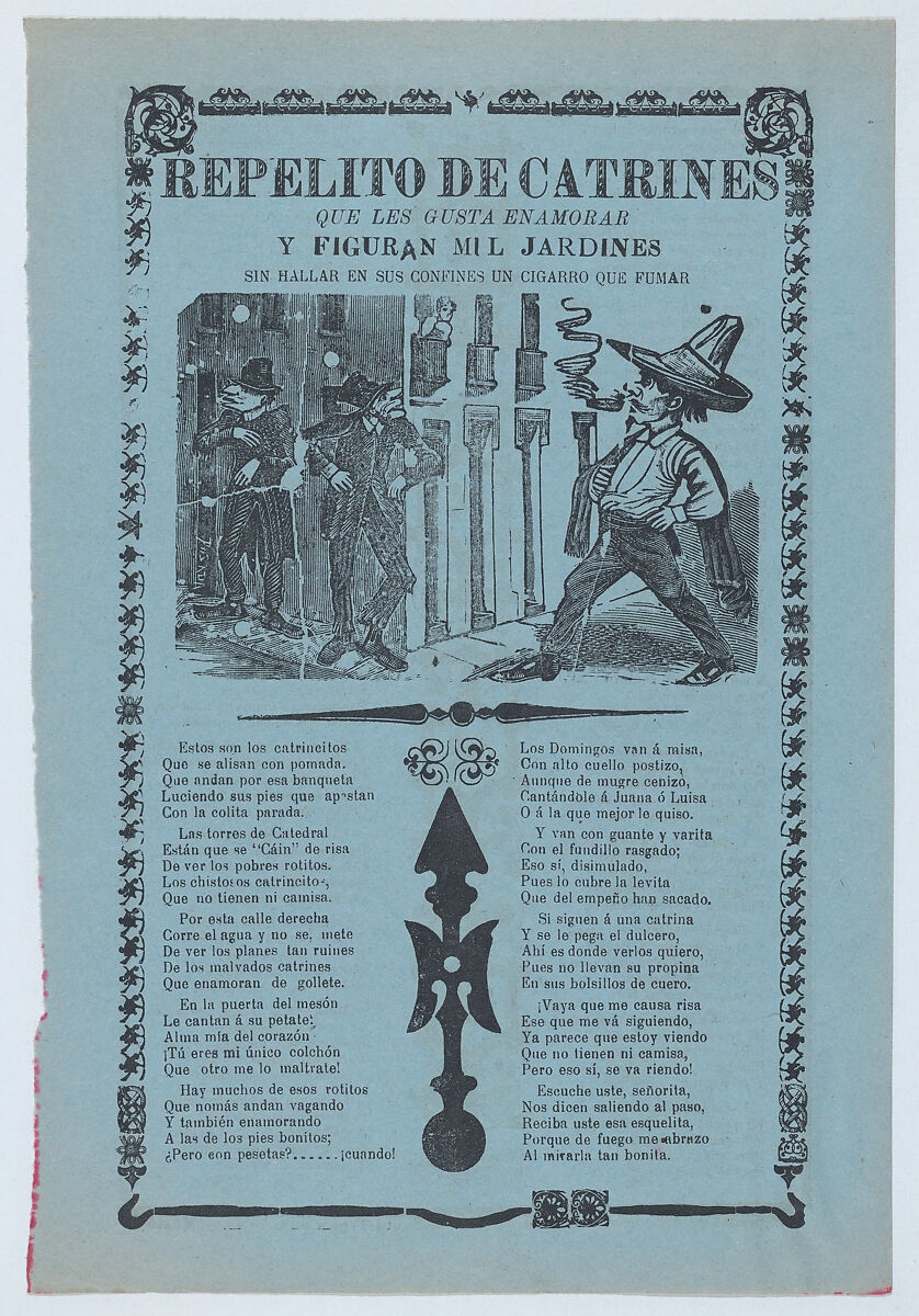 Broadsheet relating to womanizers who are standing on a corner looking up at a woman on a balcony, José Guadalupe Posada (Mexican, Aguascalientes 1852–1913 Mexico City), Type-metal engraving and letterpress on blue paper 