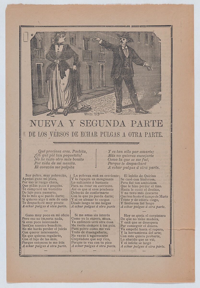 Broadsheet relating to a poor man who is in love with a wealthy woman but cannot provide for her, couple arguing on the street, José Guadalupe Posada (Mexican, Aguascalientes 1852–1913 Mexico City), Type-metal engraving and letterpress on tan paper 