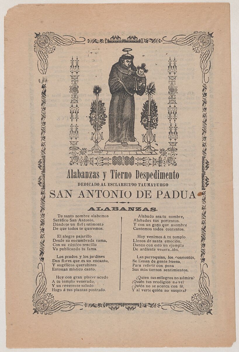 Broadsheet relating to Saint  Anthony of Padua who is shown holding the Christ child flanked by a candelabra with flowers, José Guadalupe Posada (Mexican, Aguascalientes 1852–1913 Mexico City), Type-metal engraving and letterpress on tan paper 