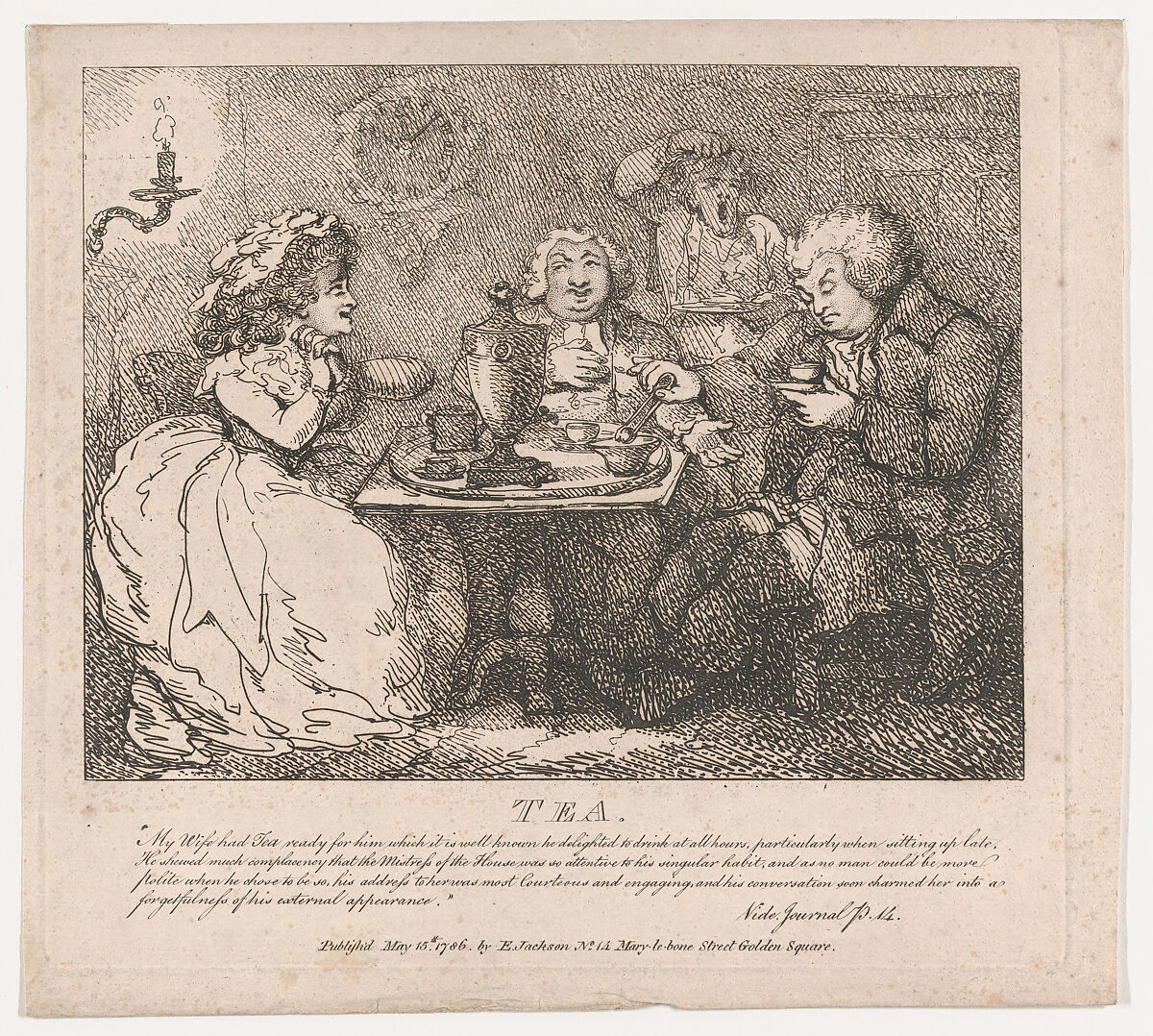 Tea (Picturesque Beauties of Boswell, Part the First), Thomas Rowlandson (British, London 1757–1827 London), Etching 