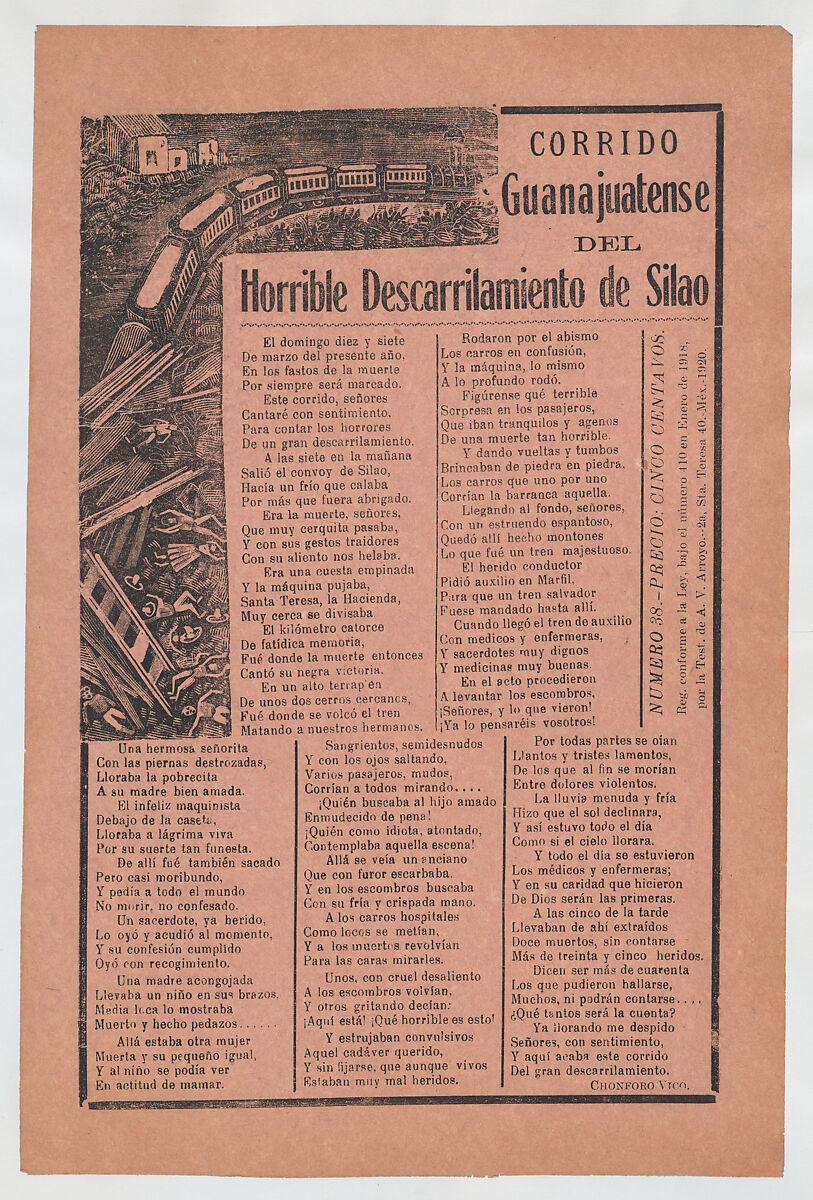 Broadsheet relating to a train accident in Guanajuatense and the many fatalities, José Guadalupe Posada (Mexican, Aguascalientes 1852–1913 Mexico City), Type-metal engraving and letterpress on orange paper 