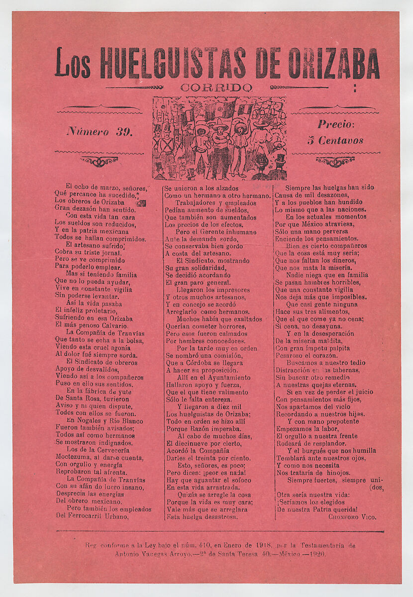 Broadsheet relating to a worker's strike in Orizaba, workers holding up the Mexican flag, flanked by soldiers, José Guadalupe Posada (Mexican, Aguascalientes 1852–1913 Mexico City), Zincograph and letterpress on pink paper 
