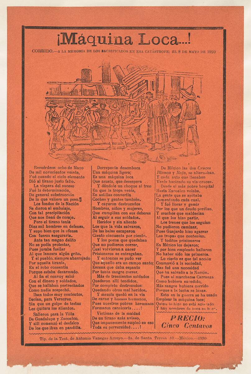 Broadsheet relating to a train accident that killed many people, wounded victims being carried on stretchers, José Guadalupe Posada (Mexican, Aguascalientes 1852–1913 Mexico City), Zincograph and letterpress on orange paper 