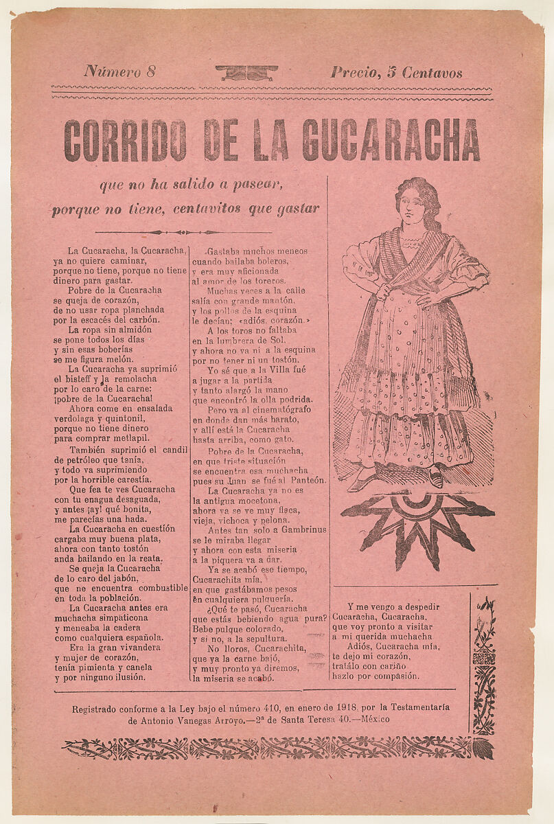 Broadsheet relating to a ballad about camp life hardships for women, woman wearing a dress with her hands on her hips, José Guadalupe Posada (Mexican, Aguascalientes 1852–1913 Mexico City), Zincograph and letterpress on pink paper 