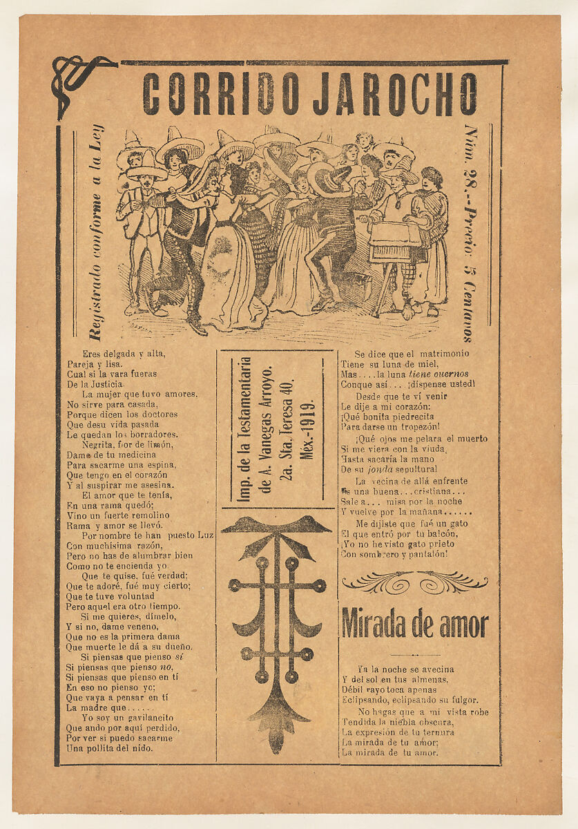 Broadsheet featuring two corrido narrative love ballads, multiple couples dancing, José Guadalupe Posada (Mexican, Aguascalientes 1852–1913 Mexico City), Zincograph and letterpress on tan paper 