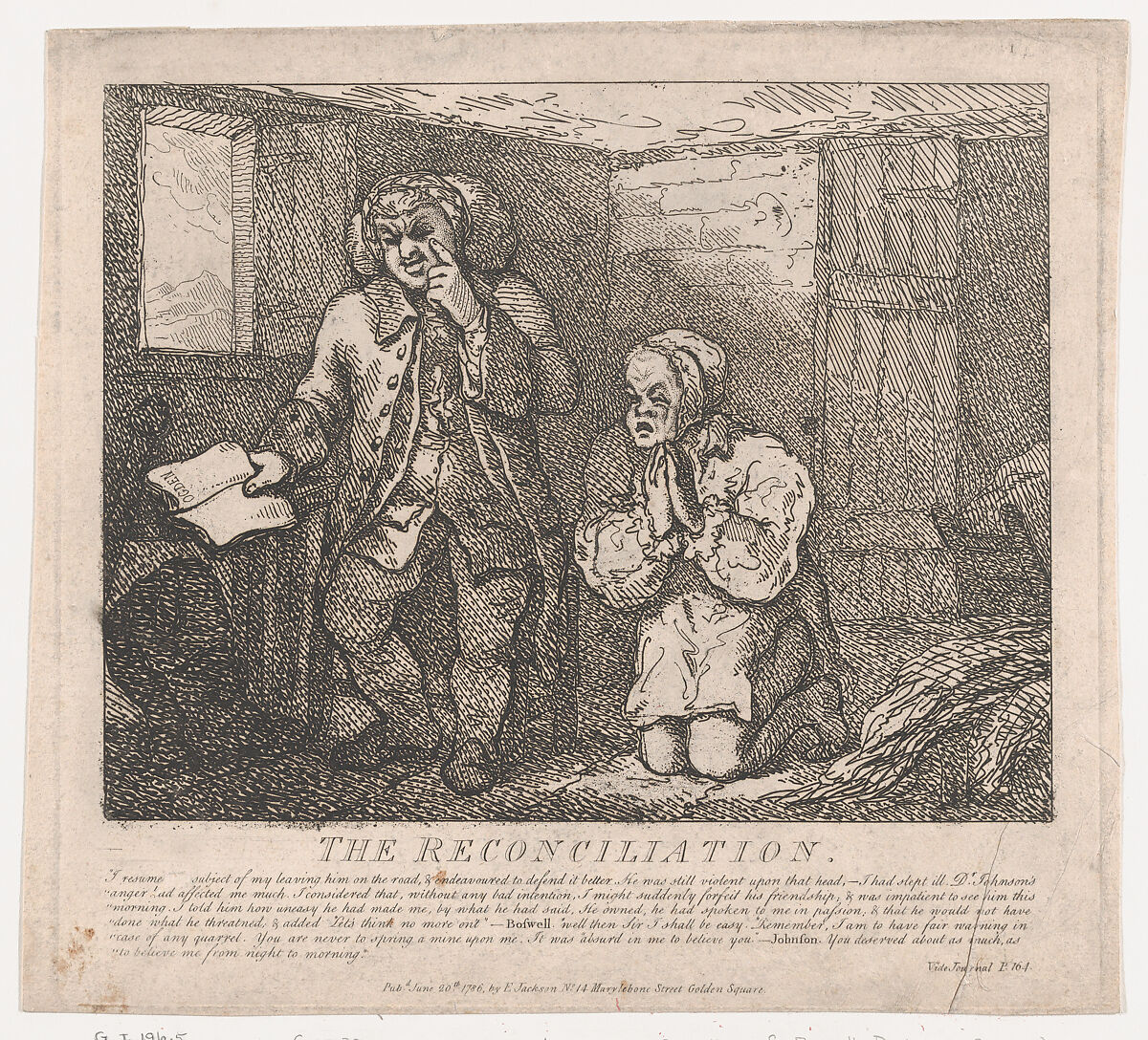 The Reconciliation (Picturesque Beauties of Boswell, Part the Second), Thomas Rowlandson (British, London 1757–1827 London), Etching 