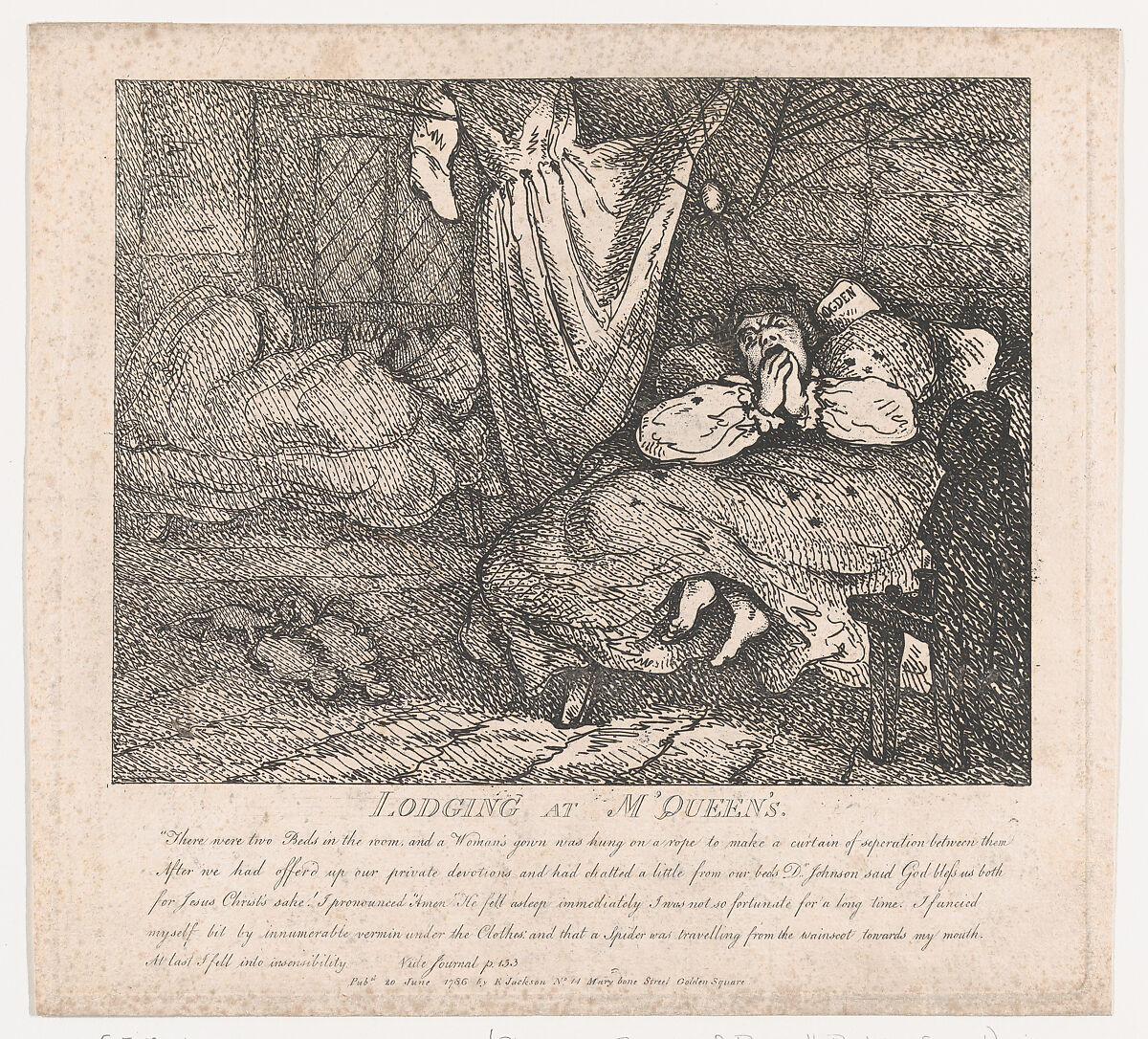 Lodging at M'Queen's (Picturesque Beauties of Boswell, Part the Second), Thomas Rowlandson (British, London 1757–1827 London), Etching 