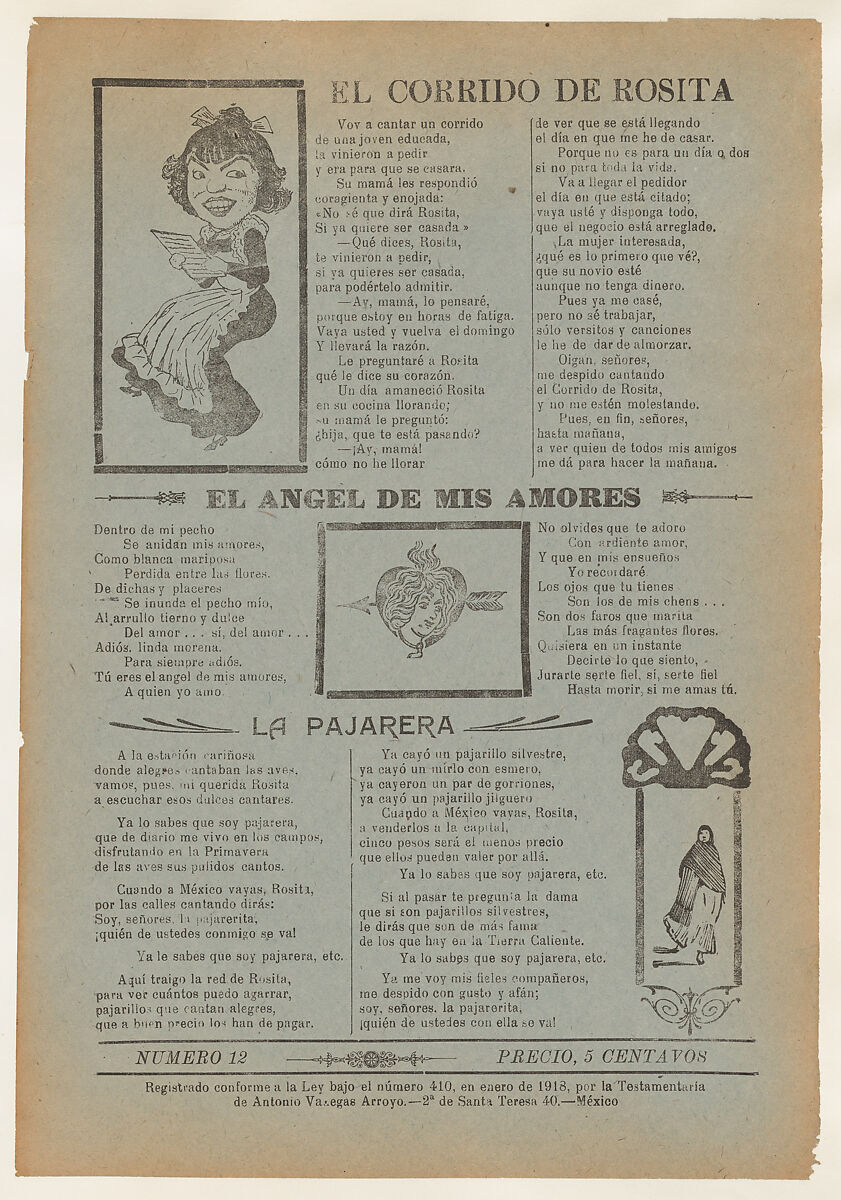 Broadsheet featuring three love ballads with vignettes showing a woman reading, a woman's head in a heart pierced by an arrow and a woman walking, José Guadalupe Posada (Mexican, Aguascalientes 1852–1913 Mexico City), Zincograph and letterpress on blue paper 