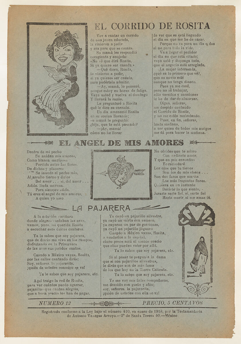 José Guadalupe Posada, Broadsheet featuring three love ballads with  vignettes showing a woman reading, a woman's head in a heart pierced by an  arrow and a woman walking