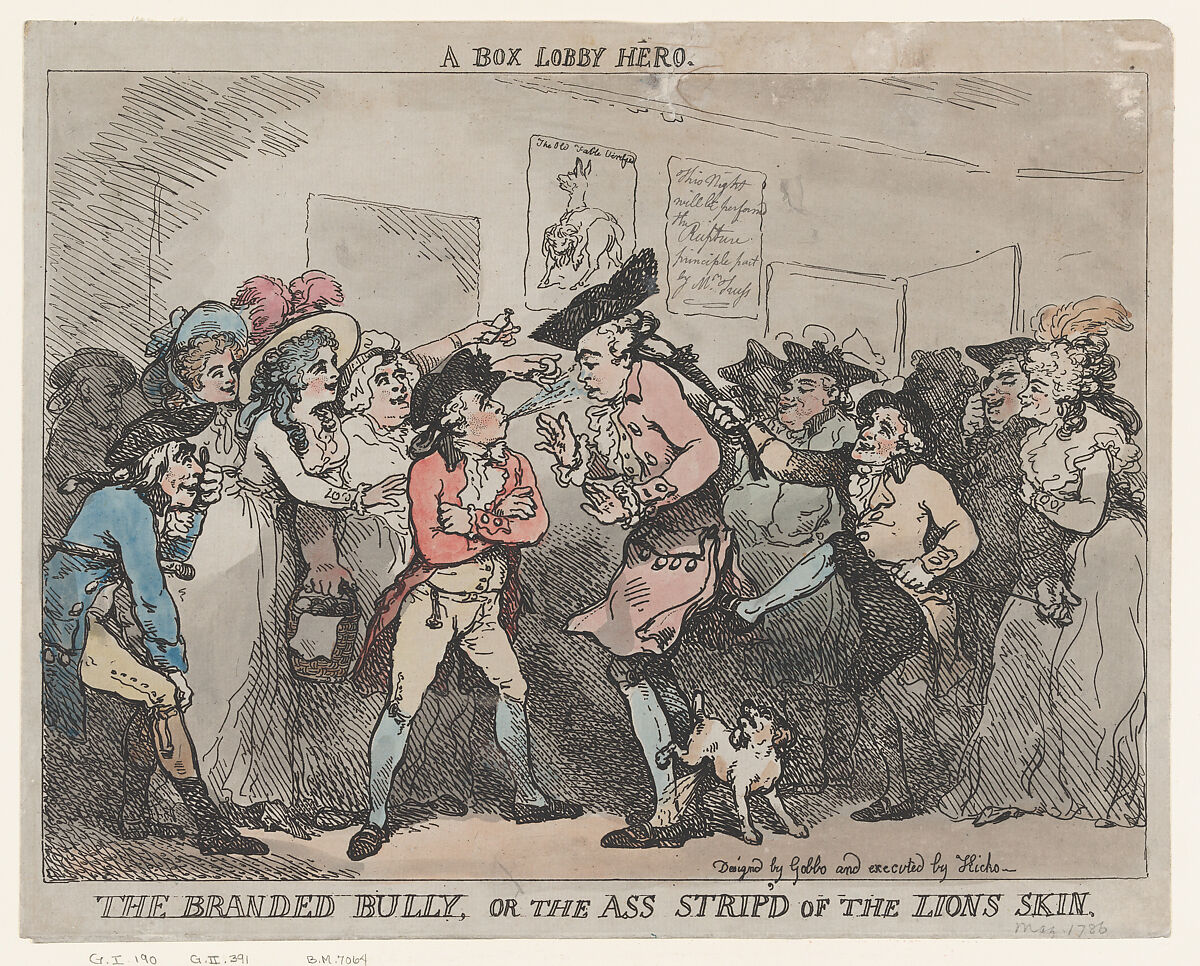 A Box Lobby Hero, The Branded Bully, or The Ass Stripp'd of the Lion's Skin., Thomas Rowlandson (British, London 1757–1827 London), Hand-colored etching 