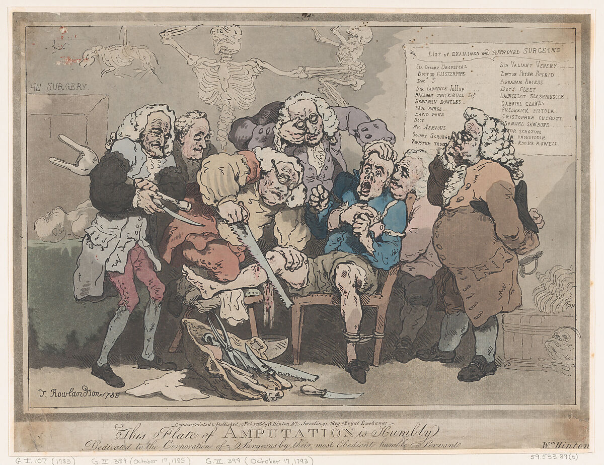 Amputation, Thomas Rowlandson (British, London 1757–1827 London), Hand-colored etching 