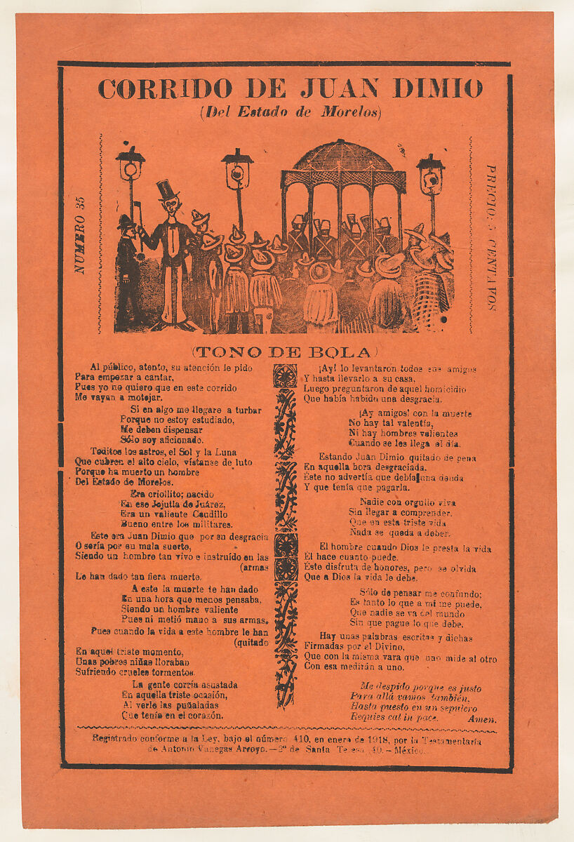 Broadsheet relating to the death of Juan Dimio, crowd of people gathered around a gazebo while a man wearing a top hat looks out toward viewer, José Guadalupe Posada (Mexican, Aguascalientes 1852–1913 Mexico City), Type-metal engraving and letterpress on orange paper 