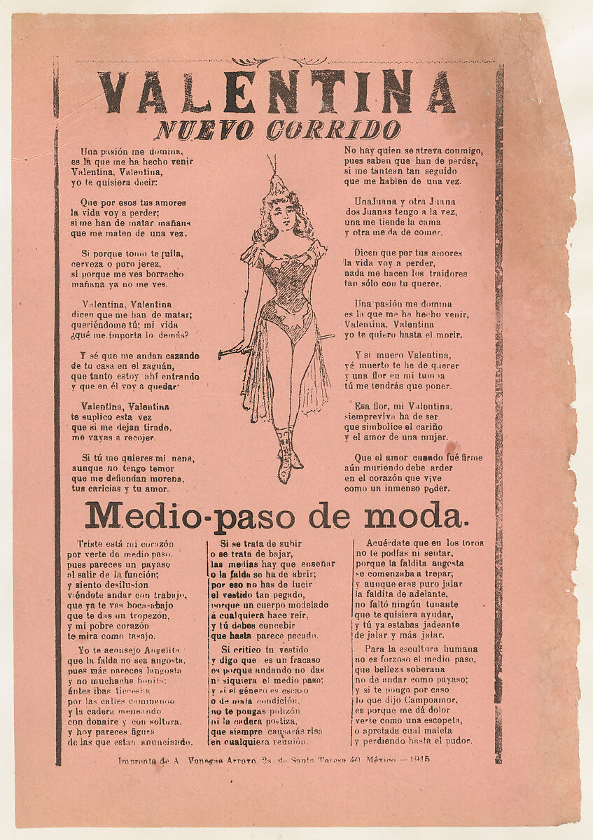 Broadsheet with two narrative love ballads, woman wearing a costume consisting of a leotard,cape, and boots, José Guadalupe Posada (Mexican, Aguascalientes 1852–1913 Mexico City), Zincograph and letterpress on pink paper 