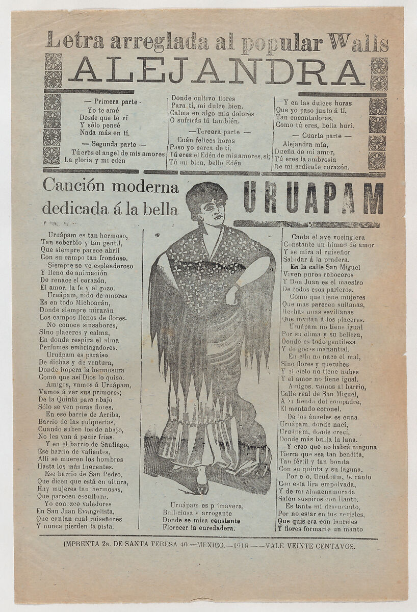 Broadsheet with two love ballads about desirable women, a woman wearing a shawl and a skirt with her hands placed on her hips, José Guadalupe Posada (Mexican, Aguascalientes 1852–1913 Mexico City), Type-metal engraving and letterpress on green paper 