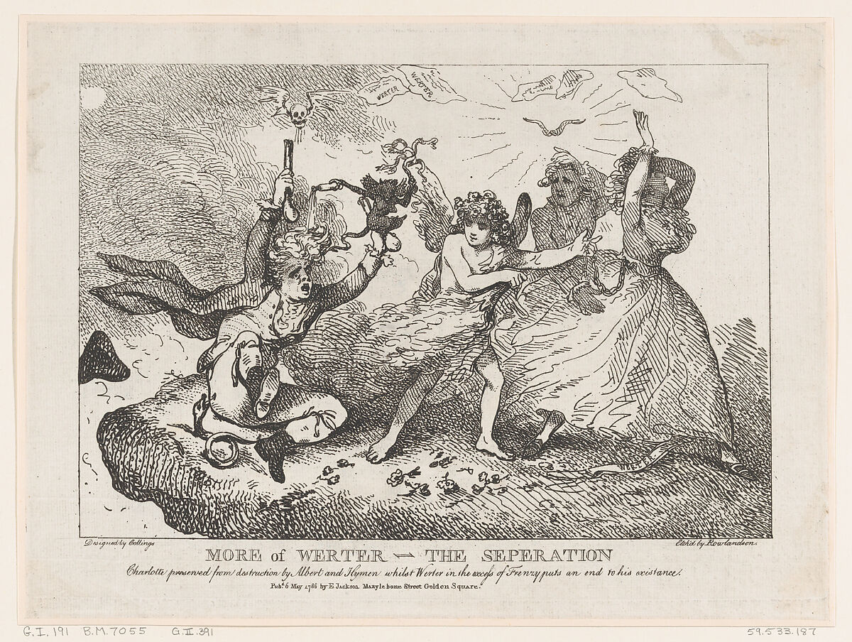 More of Werther–The Separation: Charlotte Preserved from Destruction by Albert and Hymen, whilst Werther in an access of frenzy puts and end to his existence, Thomas Rowlandson (British, London 1757–1827 London), Etching 