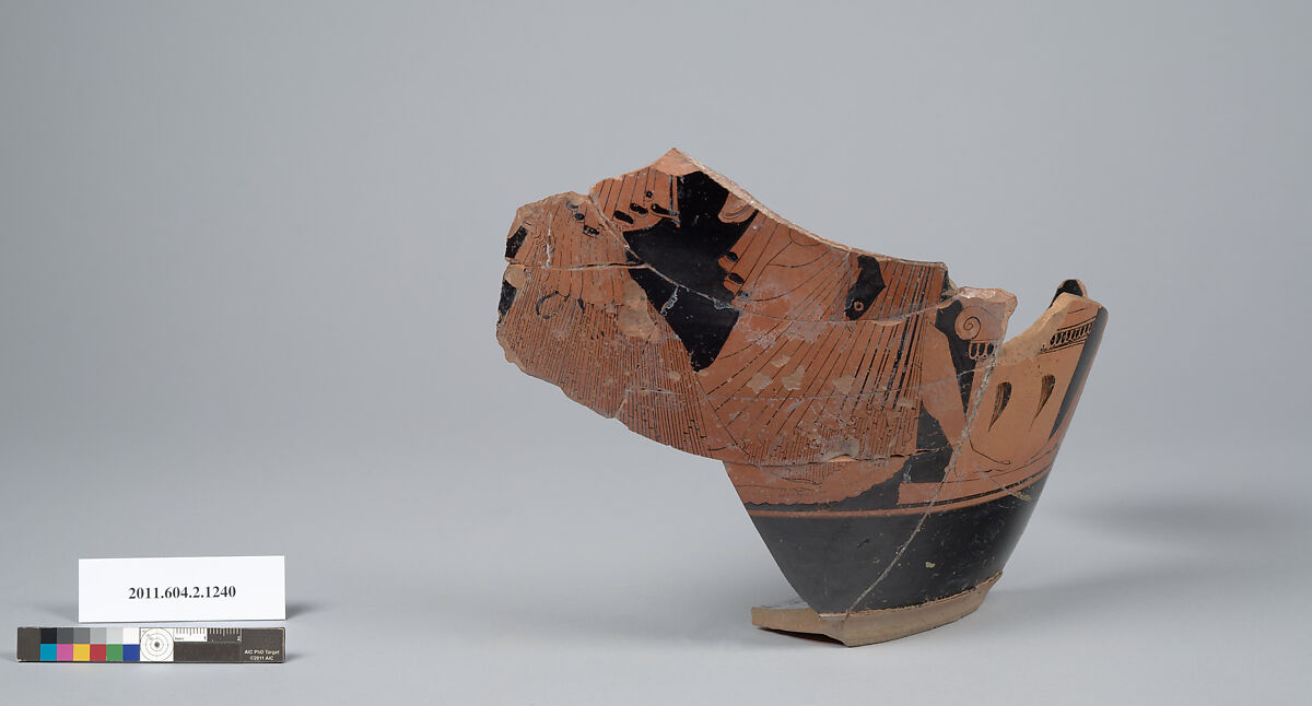 Terracotta fragment of a skyphos (deep drinking cup), Terracotta, Greek, Attic 