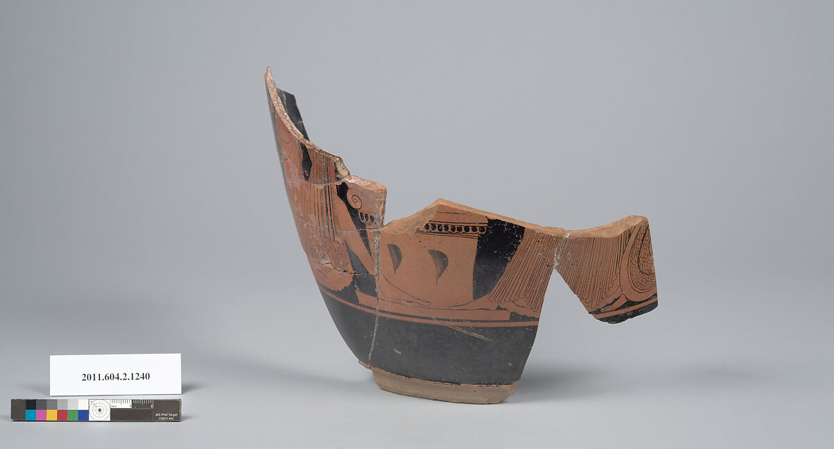 Terracotta fragment of a skyphos (deep drinking cup), Terracotta, Greek, Attic