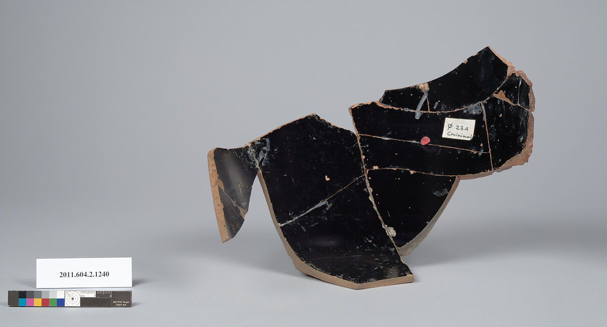 Terracotta fragment of a skyphos (deep drinking cup), Terracotta, Greek, Attic