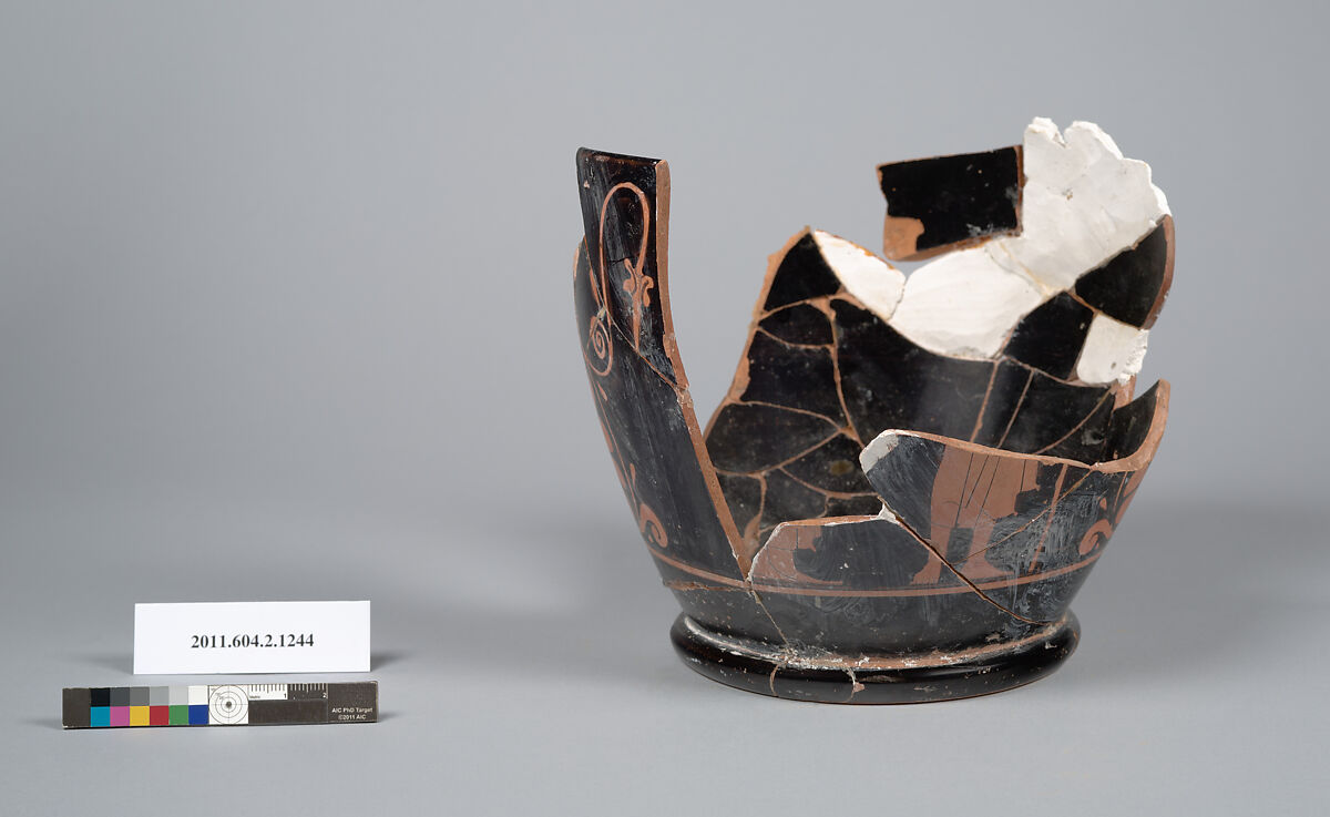 Terracotta fragment of a skyphos (deep drinking cup), Terracotta, Greek, Attic
