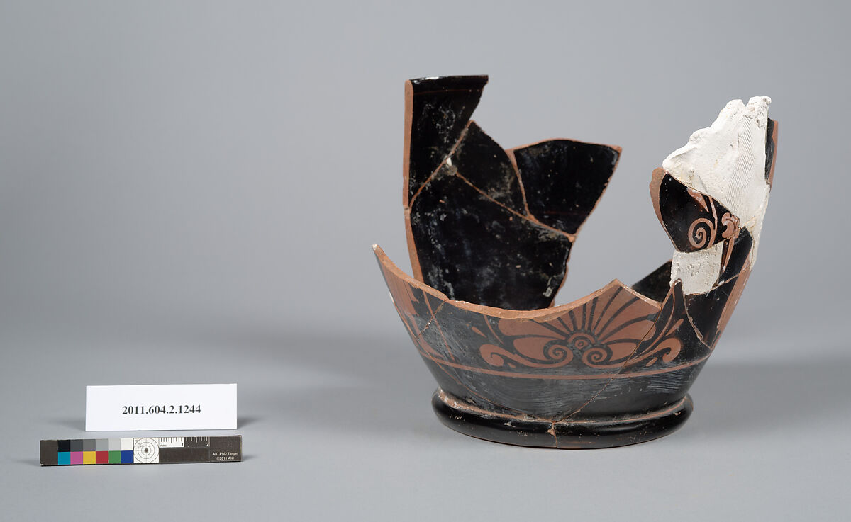 Terracotta fragment of a skyphos (deep drinking cup), Terracotta, Greek, Attic