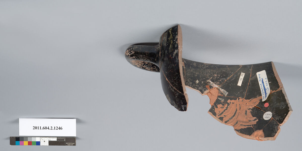 Terracotta fragment of a skyphos (deep drinking cup), Terracotta, Greek, Attic