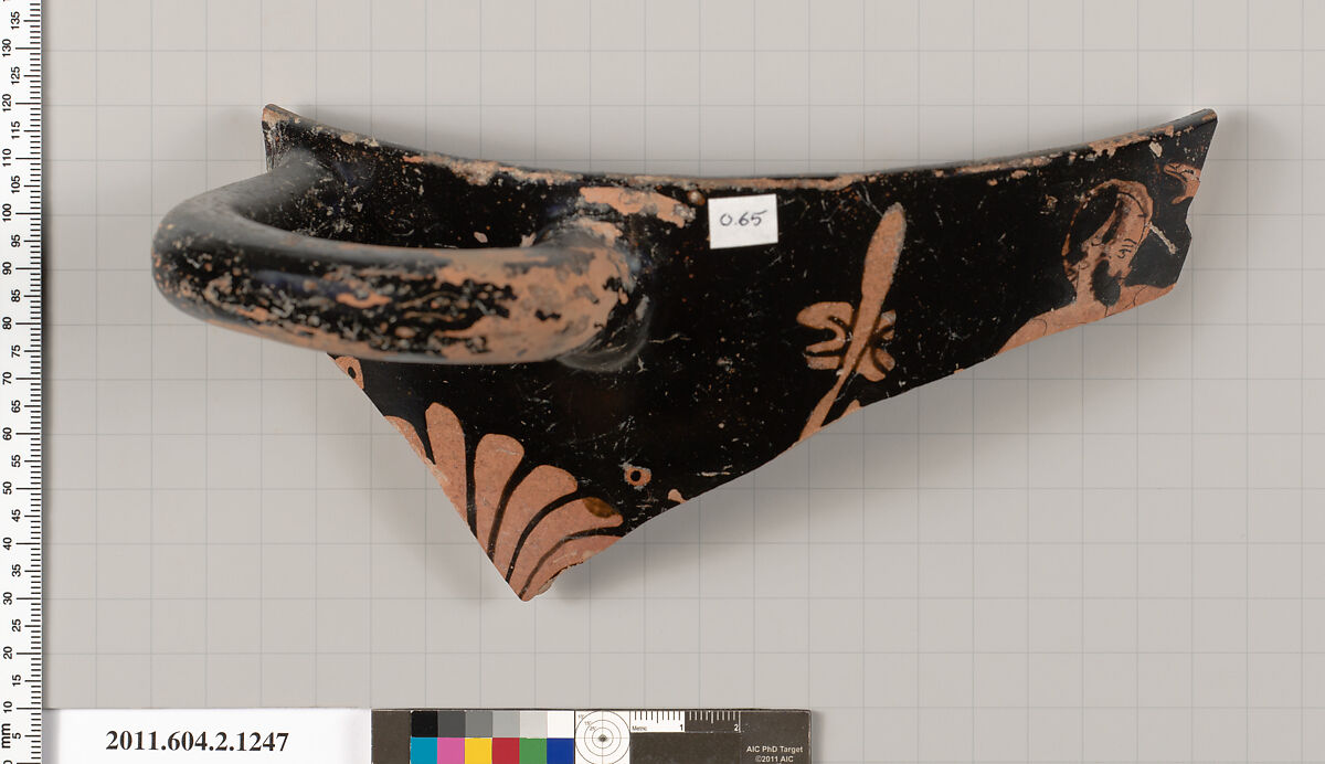 Terracotta fragment of a skyphos (deep drinking cup), Terracotta, Greek, Attic 