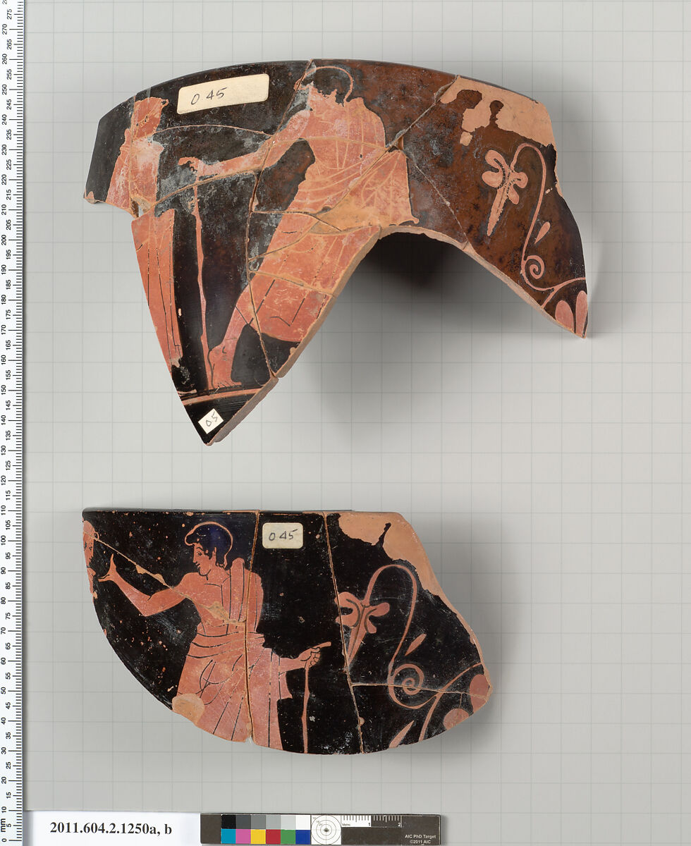 Terracotta fragments of a skyphos (deep drinking cup), Terracotta, Greek, Attic 