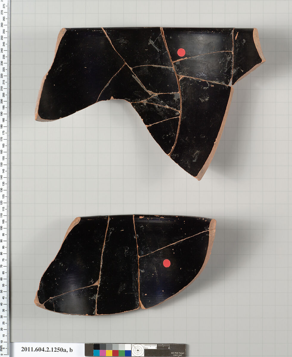 Terracotta fragments of a skyphos (deep drinking cup), Terracotta, Greek, Attic