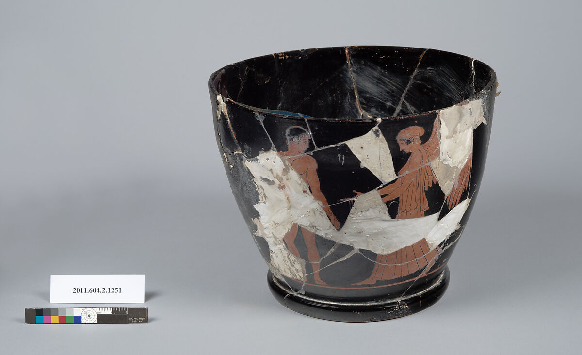 Terracotta fragment of a skyphos (deep drinking cup), Terracotta, Greek, Attic 