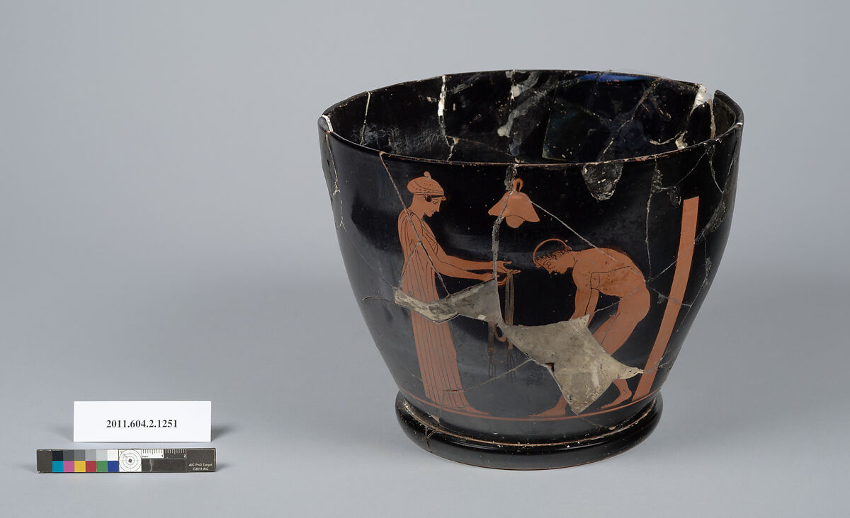 Terracotta fragment of a skyphos (deep drinking cup), Terracotta, Greek, Attic