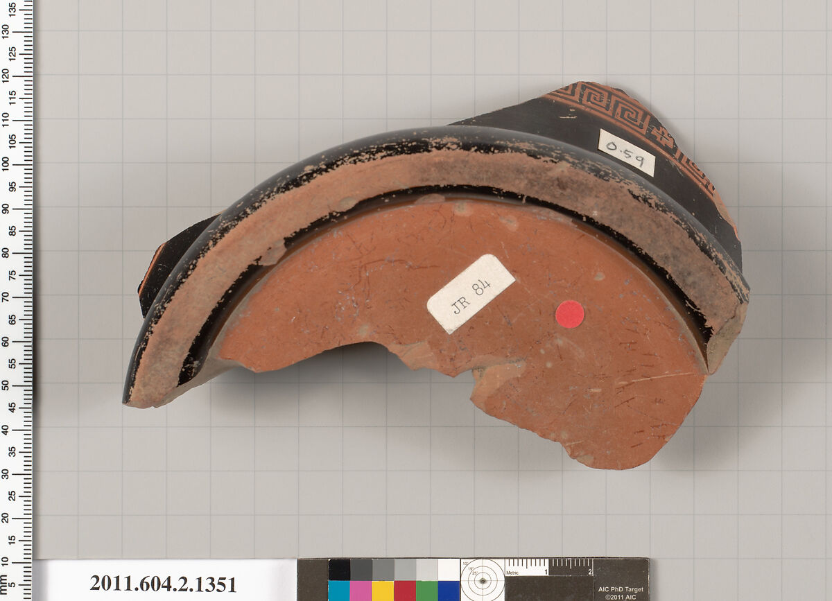 Terracotta fragment of a skyphos (deep drinking cup), Terracotta, Greek, Attic