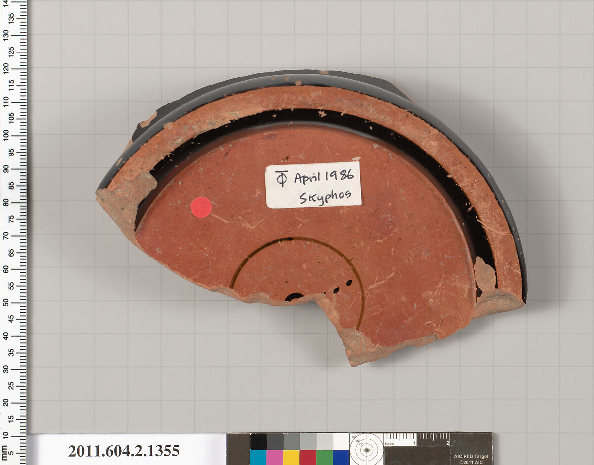 Terracotta fragment of a skyphos (deep drinking cup), Terracotta, Greek, Attic