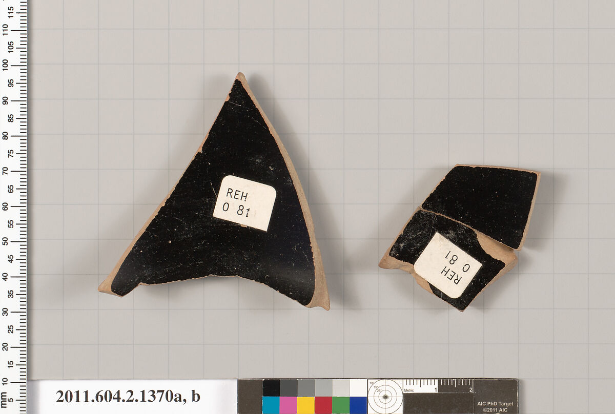 Terracotta fragments of a skyphos (deep drinking cup), Terracotta, Greek, Attic
