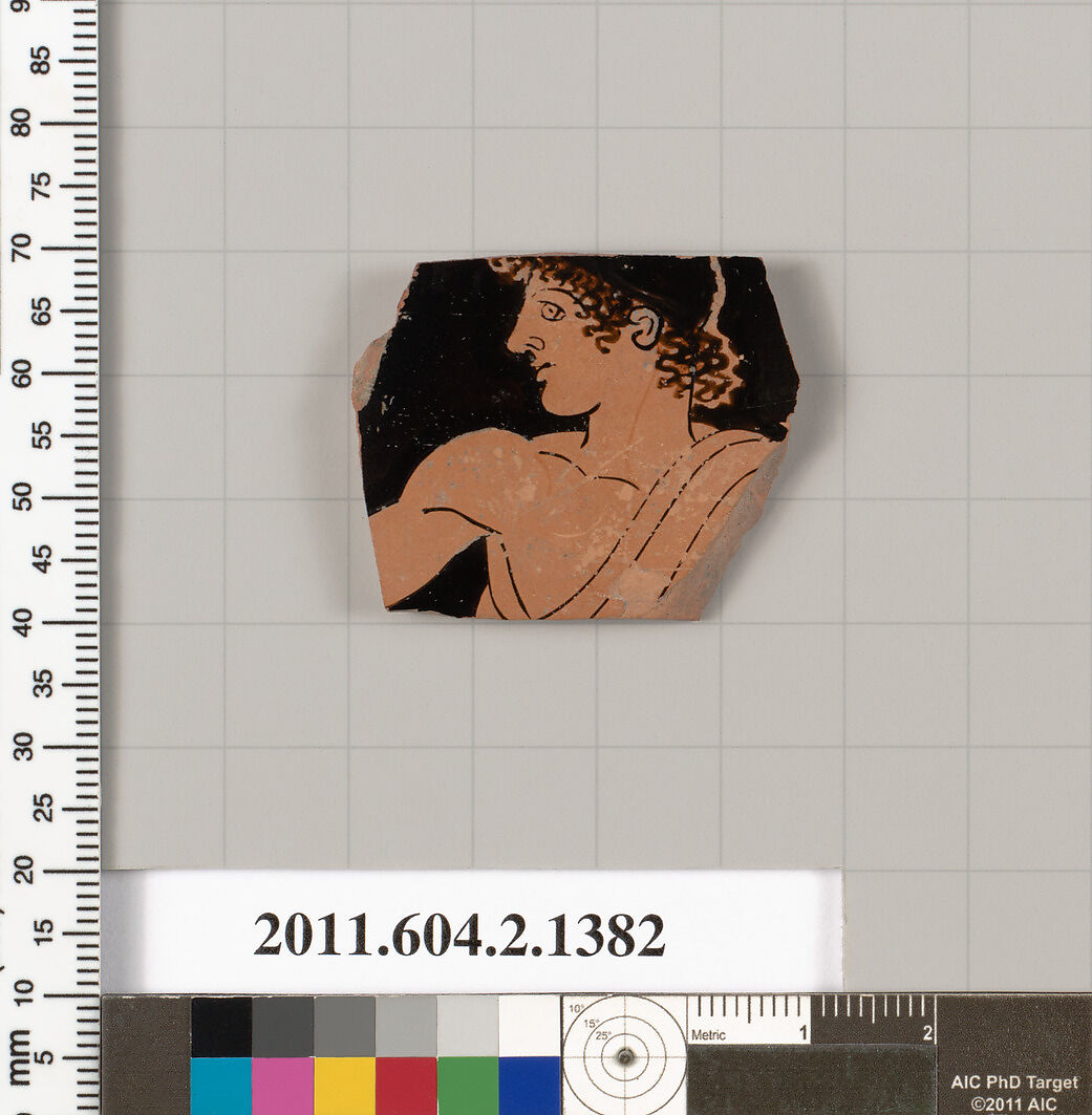 Terracotta fragment of a skyphos (deep drinking cup), Terracotta, Greek, Attic 