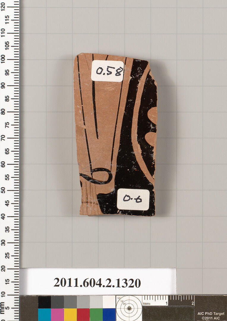 Terracotta fragment of a skyphos (deep drinking cup), Terracotta, Greek, Attic 