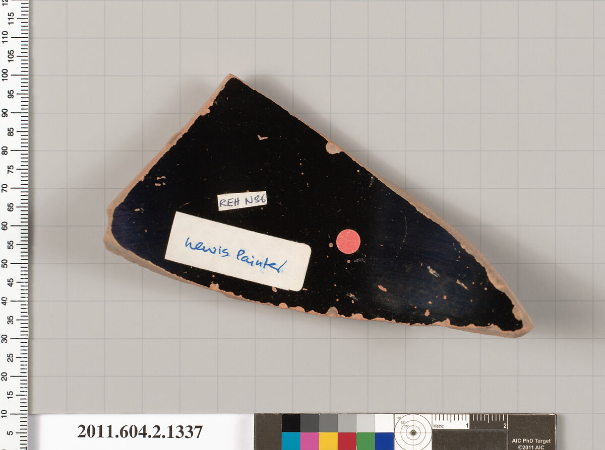 Terracotta fragment of a skyphos (deep drinking cup), Attributed to the Lewis Painter [DvB], Terracotta, Greek, Attic