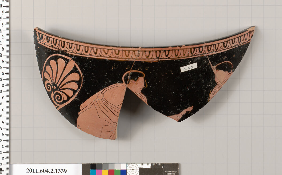 Terracotta fragment of a skyphos (deep drinking cup), Terracotta, Greek, Attic 