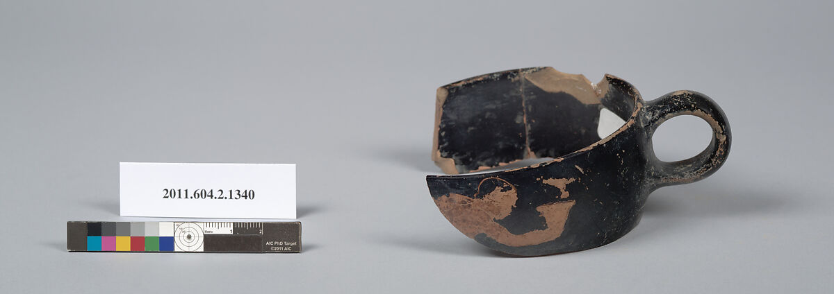 Terracotta fragment of a skyphos (deep drinking cup), Terracotta, Greek, Attic