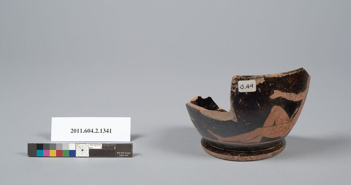 Terracotta fragment of a skyphos (deep drinking cup), Terracotta, Greek, Attic