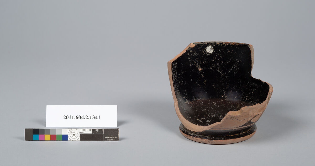 Terracotta fragment of a skyphos (deep drinking cup), Terracotta, Greek, Attic