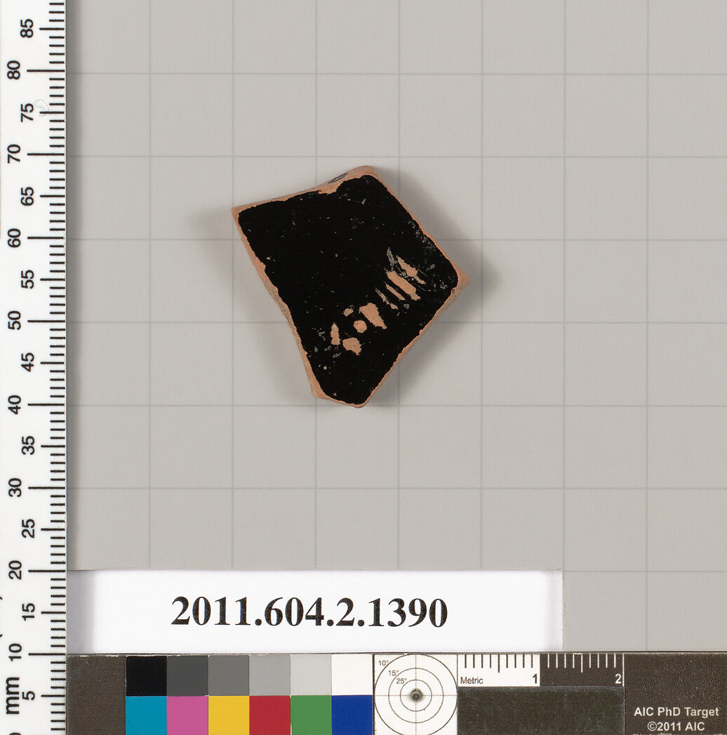 Terracotta fragment of a skyphos (deep drinking cup), Terracotta, Greek, Attic