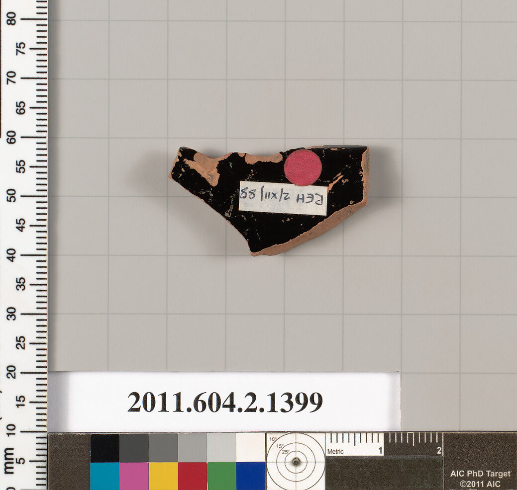 Terracotta fragment of a skyphos (deep drinking cup), Terracotta, Greek, Attic