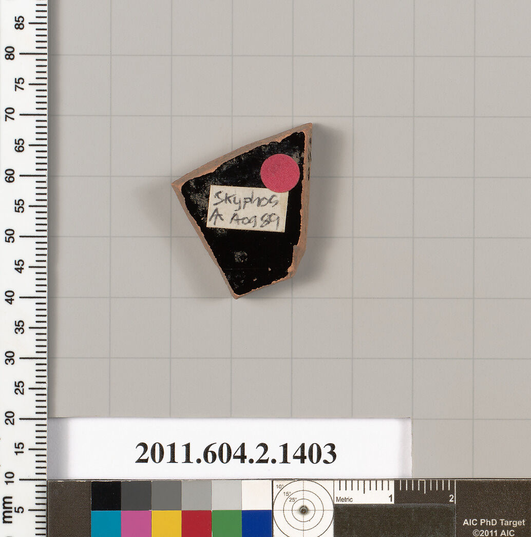 Terracotta fragment of a skyphos (deep drinking cup), Terracotta, Greek, Attic