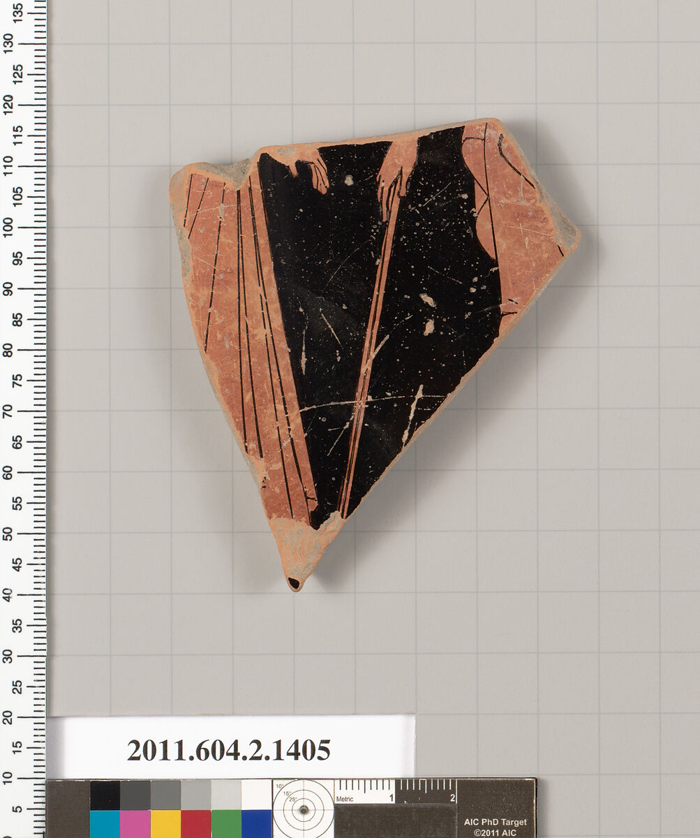Terracotta fragment of a skyphos (deep drinking cup), Terracotta, Greek, Attic 