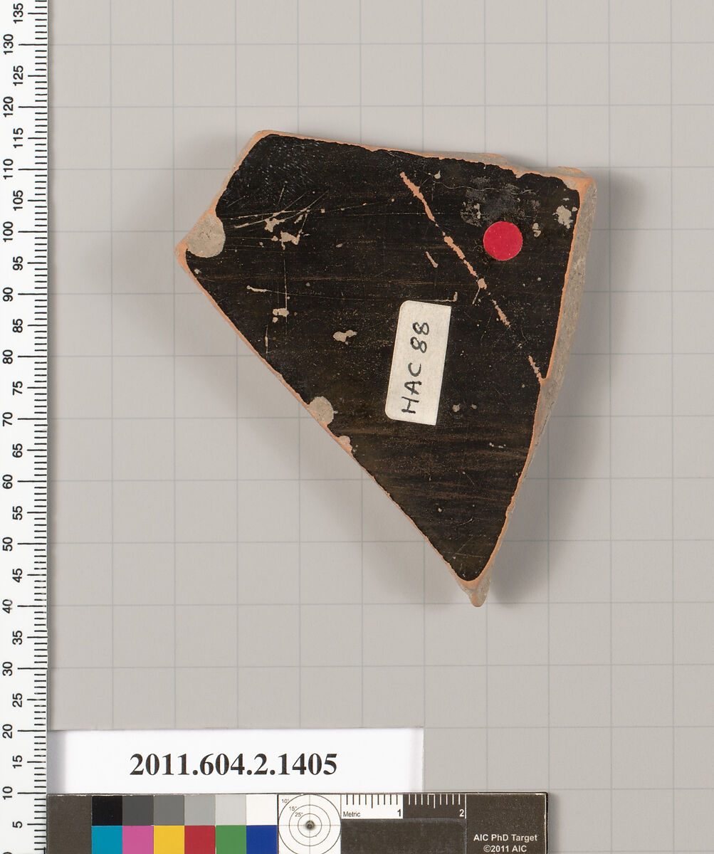 Terracotta fragment of a skyphos (deep drinking cup), Terracotta, Greek, Attic