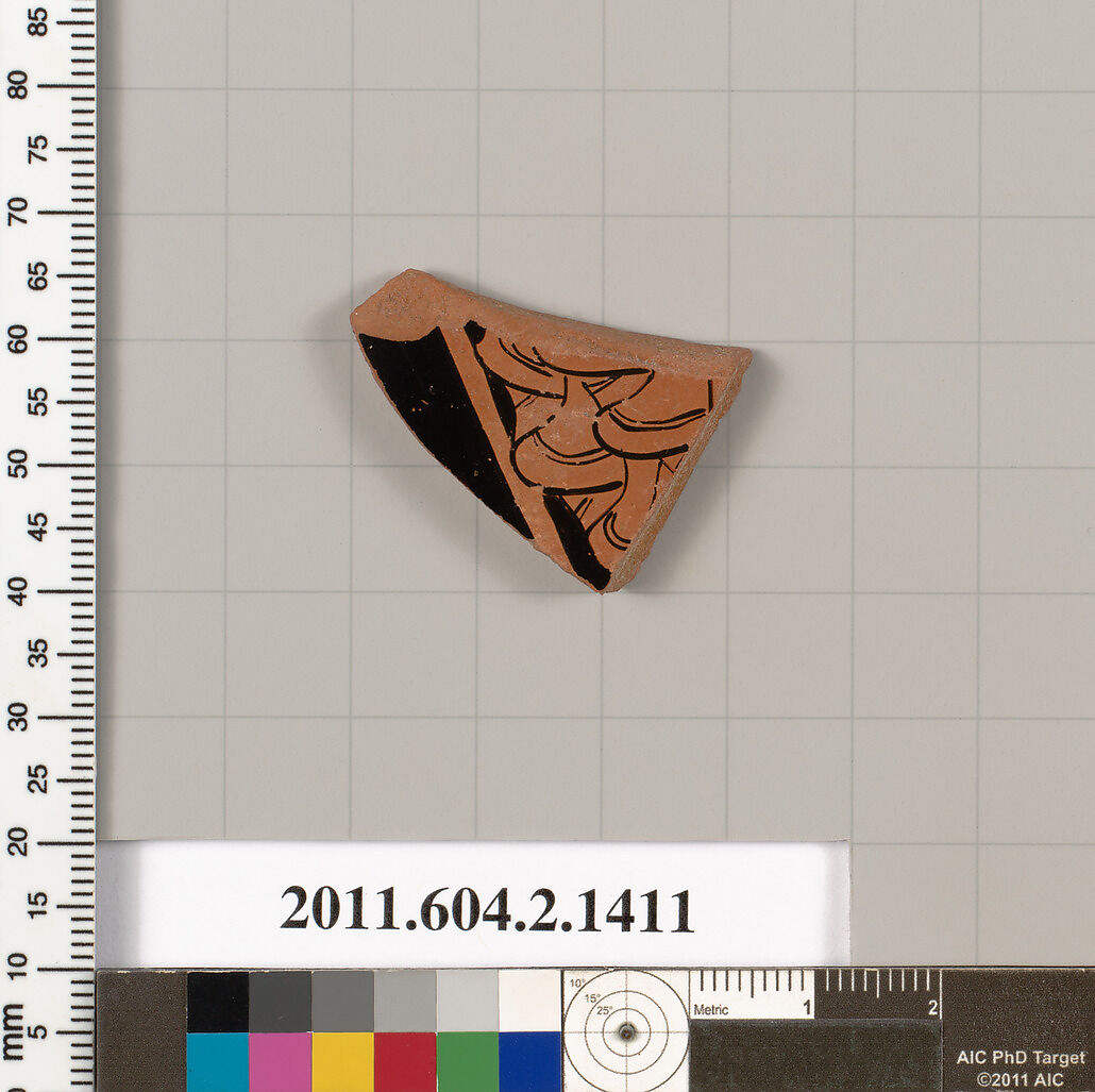 Terracotta fragment of a skyphos (deep drinking cup), Terracotta, Greek, Attic 