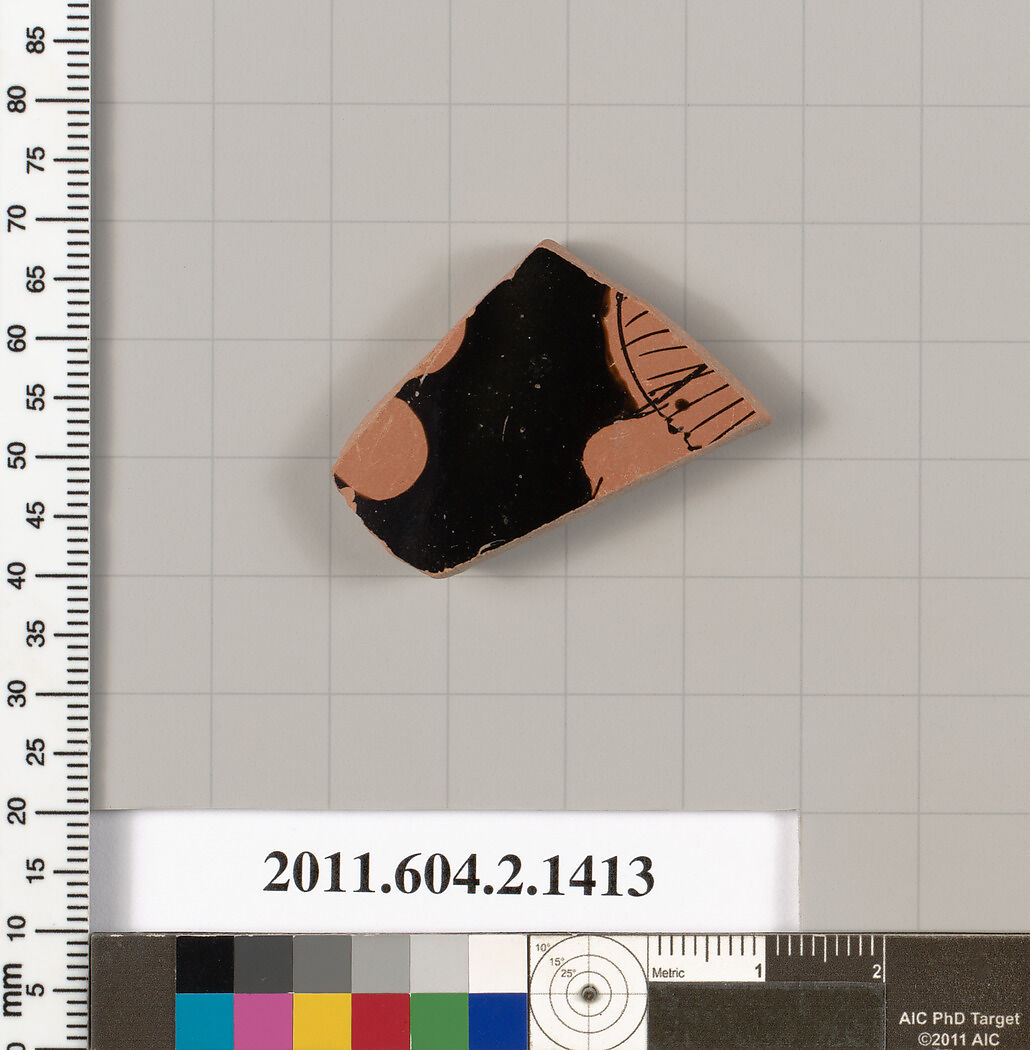 Terracotta fragment of a skyphos (deep drinking cup), Terracotta, Greek, Attic 