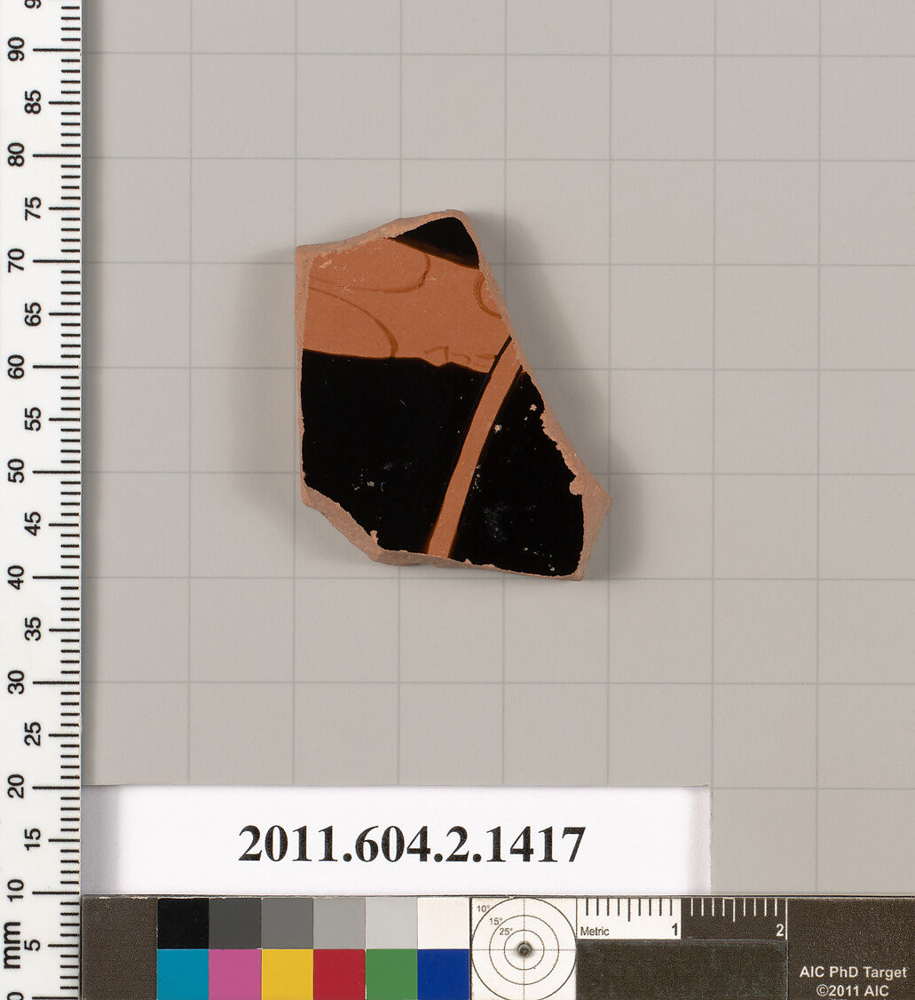 Terracotta fragment of a skyphos (deep drinking cup), Terracotta, Greek, Attic 